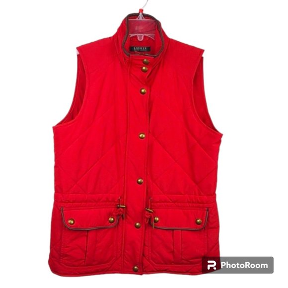 Lauren Ralph Lauren Jackets & Blazers - Lauren Ralph Lauren Red Quilted Full Zip Faux Leather Trim Patch Pocket Vest